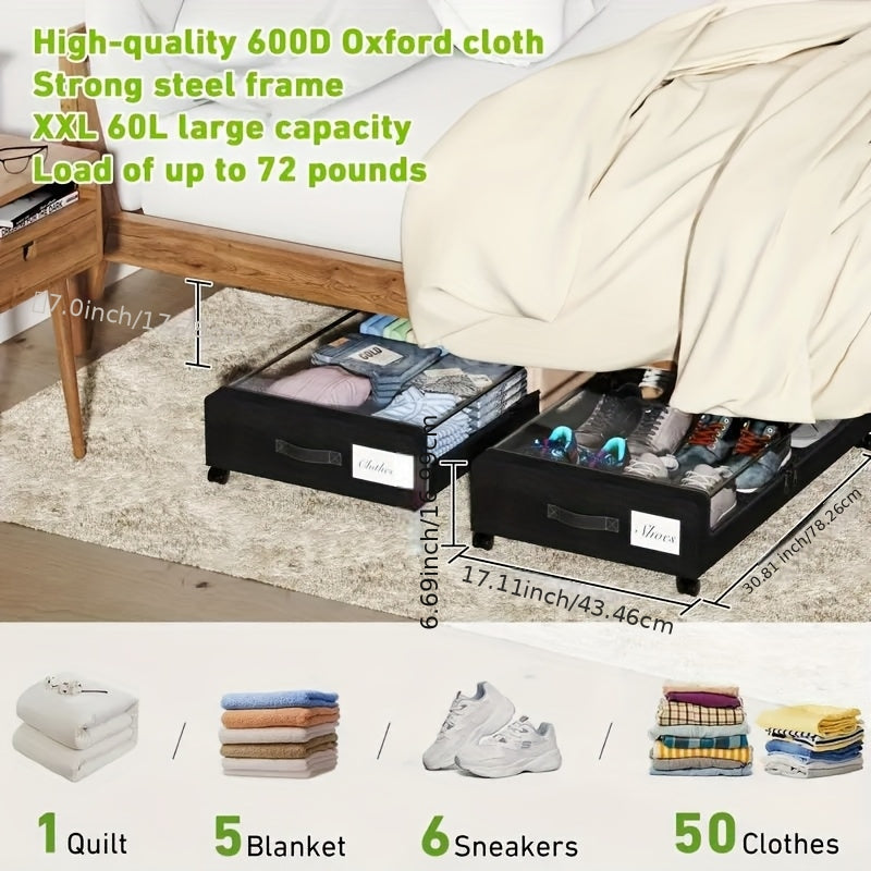Set of 2 Rolling Storage Bins for Under The Bed, Featuring Transparent Lids, Ideal for Organizing Clothes, Shoes, And, in a Sleek Black Design, Under-Bed Storage