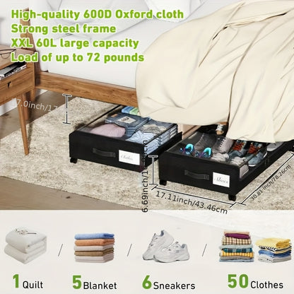 Rolling Under Bed Storage Bins Set of 2 with Transparent Lids & Wheels, Clothes Shoes Organizer Containers, Space-Saving Bedroom Closet Drawers, Black Under-Bed Storage Boxes