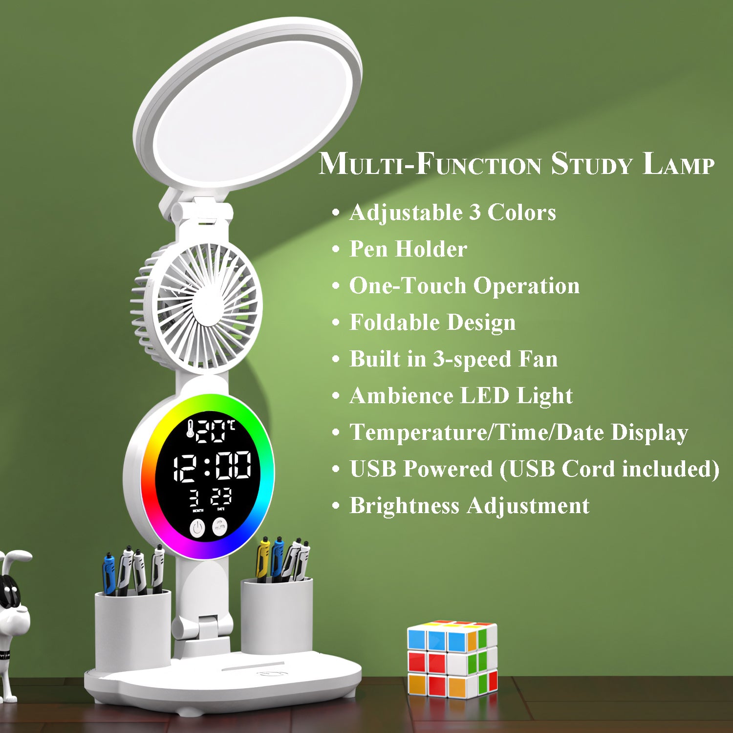 LED Desk Lamp for Study with LED Light, Built-in Fan, Time & Date Display, Temperature Display, Pen Holder Organizer, Touch Control, USB Powered (none rechargable) Multifunction Reading Lamp, Adjustable Brightness Eye-Care Table Lamp
