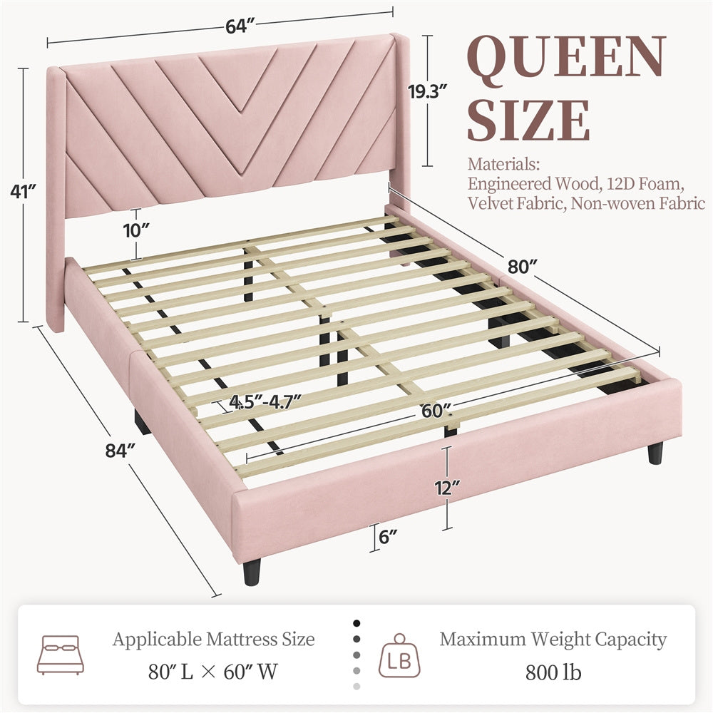 ALDEN DESIGN Upholstered Platform Bed,Upholstered Platform Bed with Wing Edge, Bed Frame with Wooden Support Slats, Upholstered Platform Bed with Tufted Headboard, Upholstered Bed with Headboard, Queen/Full,Beige/Dark Gray/Light Gray/Pink
