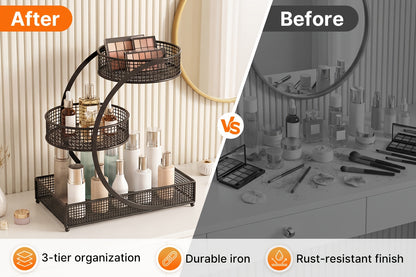 3-Tier Rotating Makeup Organizer for Bathroom & Vanity - No-Assembly Spinning Cosmetic Storage Rack for Skincare, Nail Polish, Lipstick & Perfume - Space-Saving Countertop Shelf