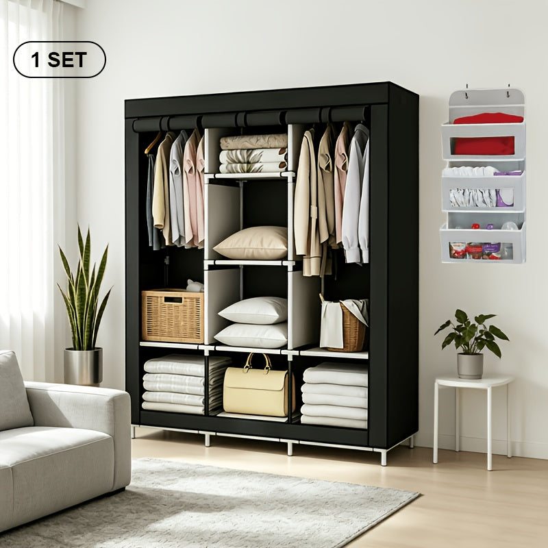 Portable Wardrobe Clothing Storage Box Non-woven Fabric Cover, With 2-6 Storage Racks, 2 Hanging Areas And 4 Side Pockets, Large Size 66.93*50.39*17.72 Inches/small Size 57.48*22.05*17.32 Inches, Dust-proof, With Curtains