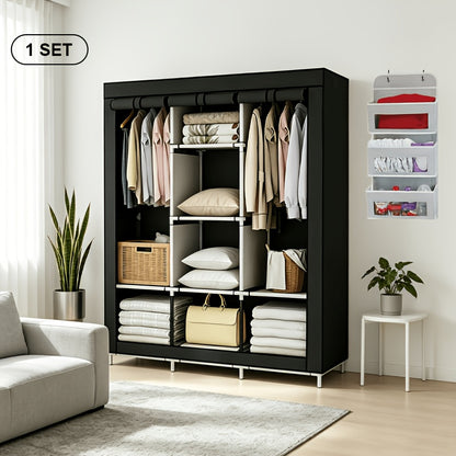 Curtain Portable Wardrobe Closet with 2-6 Shelves, 2 Hanging Areas & 4 Side Pockets – Non-Woven Dustproof Clothes Storage Organizer, Large & Small Sizes, Bedroom & Apartment
