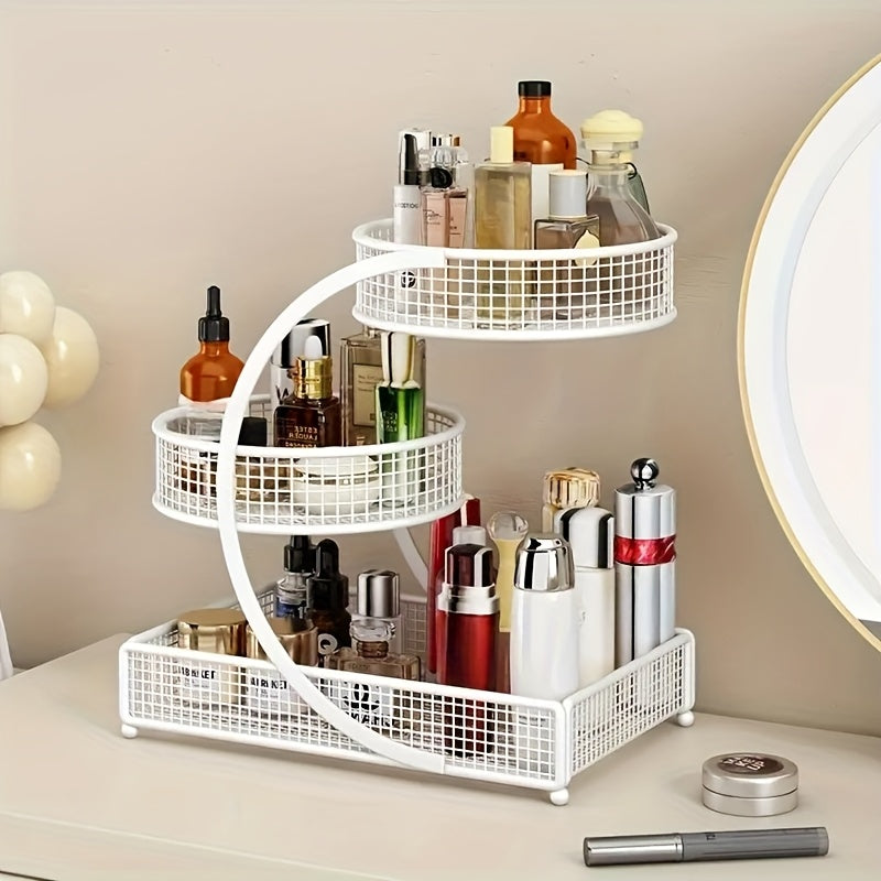 3-Tier Rotating Makeup Shelf - Portable No-Assembly Dressing Table & Bathroom Countertop Storage Rack with Rotating Shelves Suitable for Cosmetics, Skincare, Nail Polish, Lipstick, Perfume - Space-Saving Rotator for