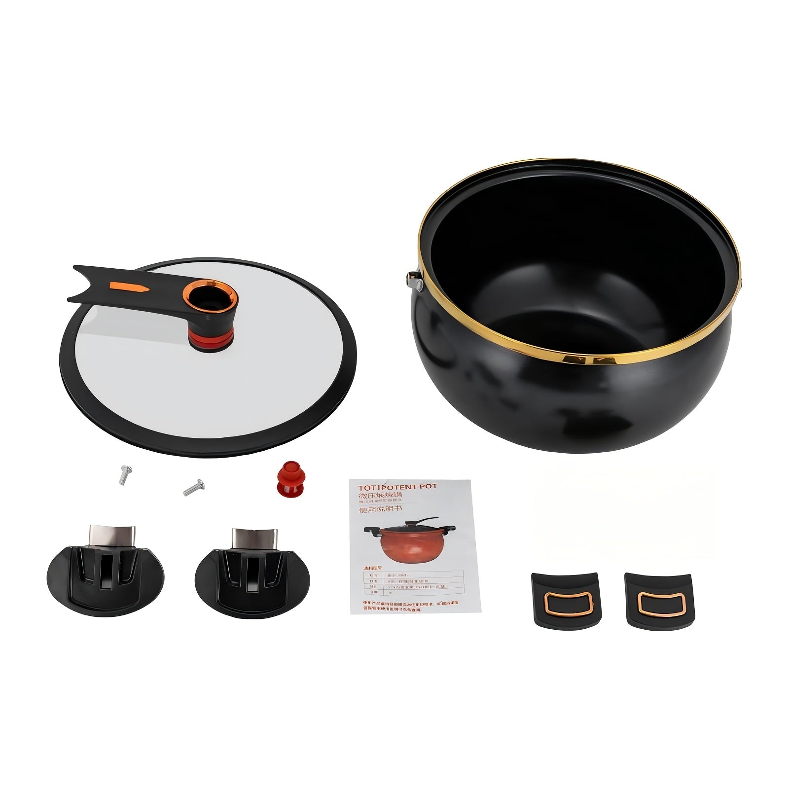 7-Liter Double Handle Cooking Pot with Glass Lid & Gold Trim – Thickened Iron Large Capacity Soup Stew Pot, Stylish Kitchen Cookware in Black, Blue & Orange