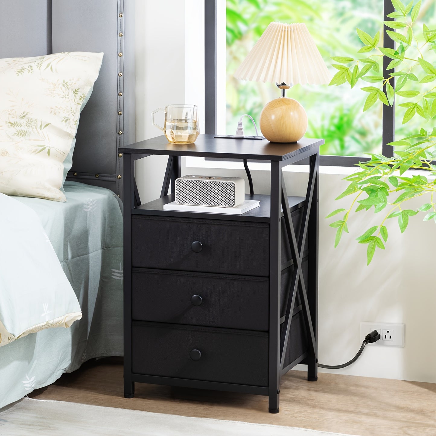 LED Nightstand with Charging Station & Fabric Drawers – Modern Bedside Table End Table for Bedroom Living Room, Better Storage (1pc or 2pcs Set)