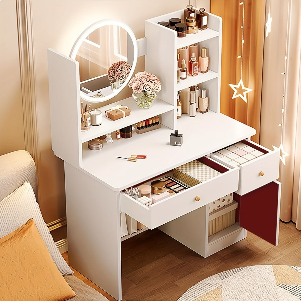 Makeup Vanity Desk with Mirror and Lights Touch Screen Lighted 3 Lighting Modes Brightness Adjustable Vanity Desk Makeup Vanity with Drawers and Storage Shelves Bedroom Vanity Dressing Table