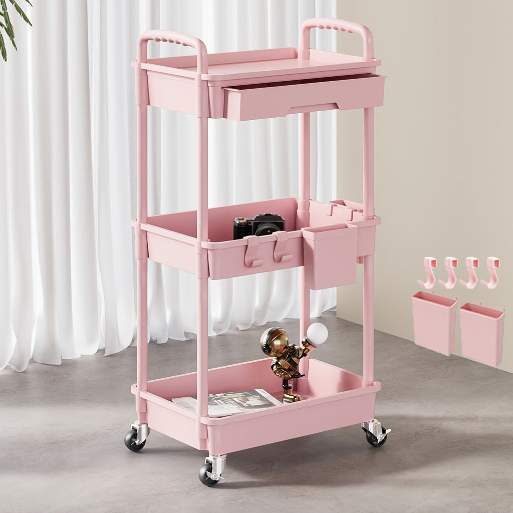 [Multifunctional Storage Cart] 3-Tier/4-Tier Rolling Storage Organizer Cart with Drawer & Hooks | Multifunctional Plastic Utility Cart On Wheels for Kitchen, Bathroom, Office, Living Room - Space-Saving Mobile Storage Solution