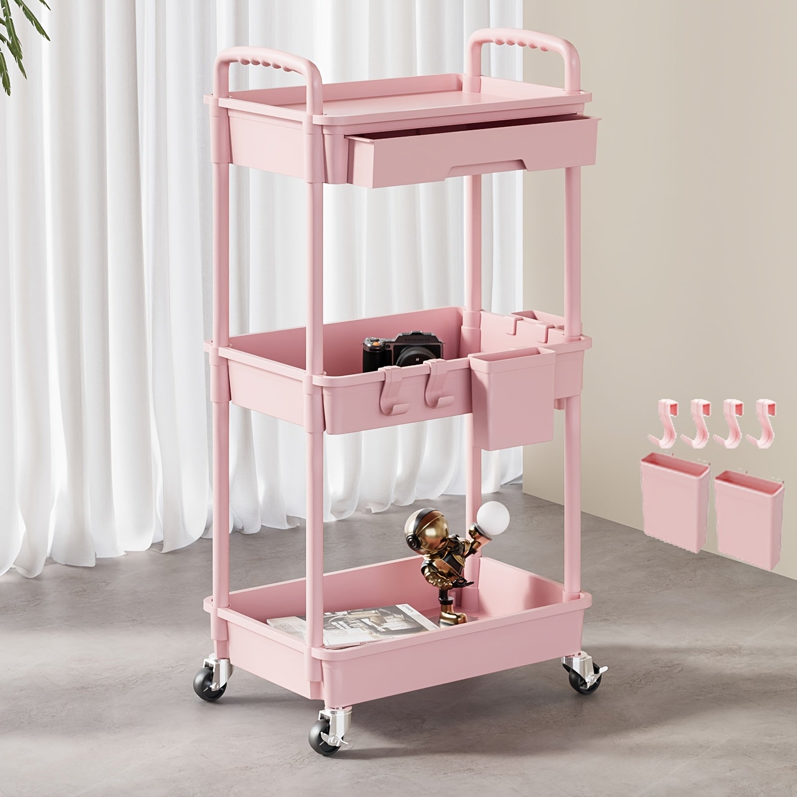 [Multifunctional Storage Cart] 3-Tier/4-Tier Rolling Storage Organizer Cart with Drawer & Hooks | Multifunctional Plastic Utility Cart On Wheels for Kitchen, Bathroom, Office, Living Room - Space-Saving Mobile Storage Solution