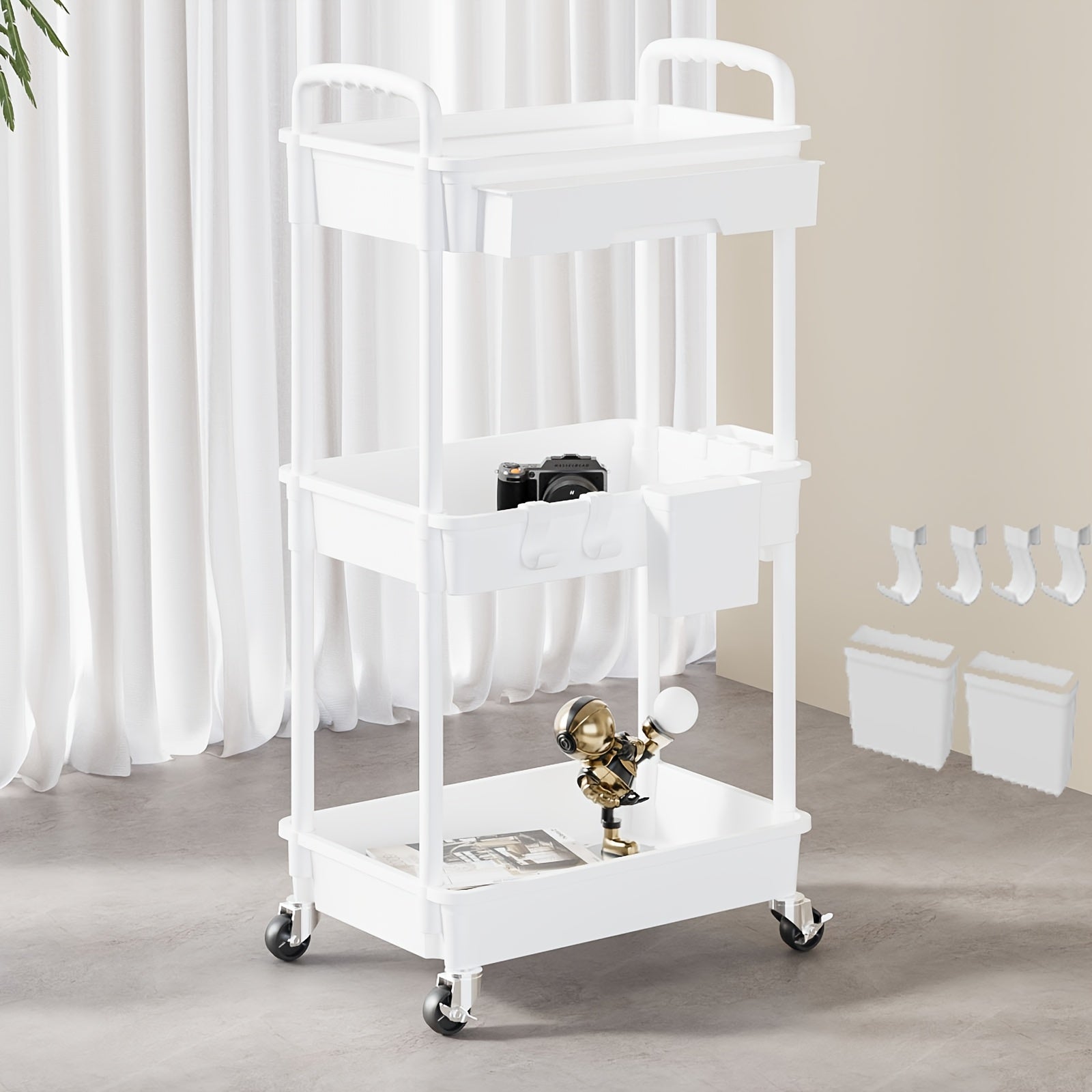 Rolling Storage Cart with Drawers & Hooks – 3 or 4 Tier, Wheels, Kitchen & Bathroom