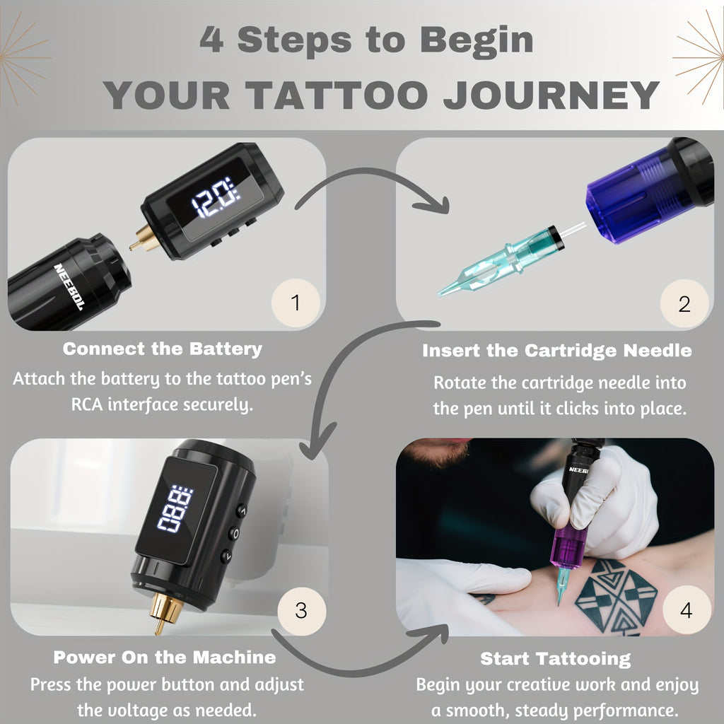 Neebol Wireless Tattoo Machine Kit Complete, Rotary Tattoo Gun with 1500mAh Battery, Tattoo Supply Equipment, Portable Cordless Tattoo Pen for Beginners And Artists, 10 Cartridge Needles, 7 Ink, Extra Black Ink, Body Art Makeup Easter Gifts