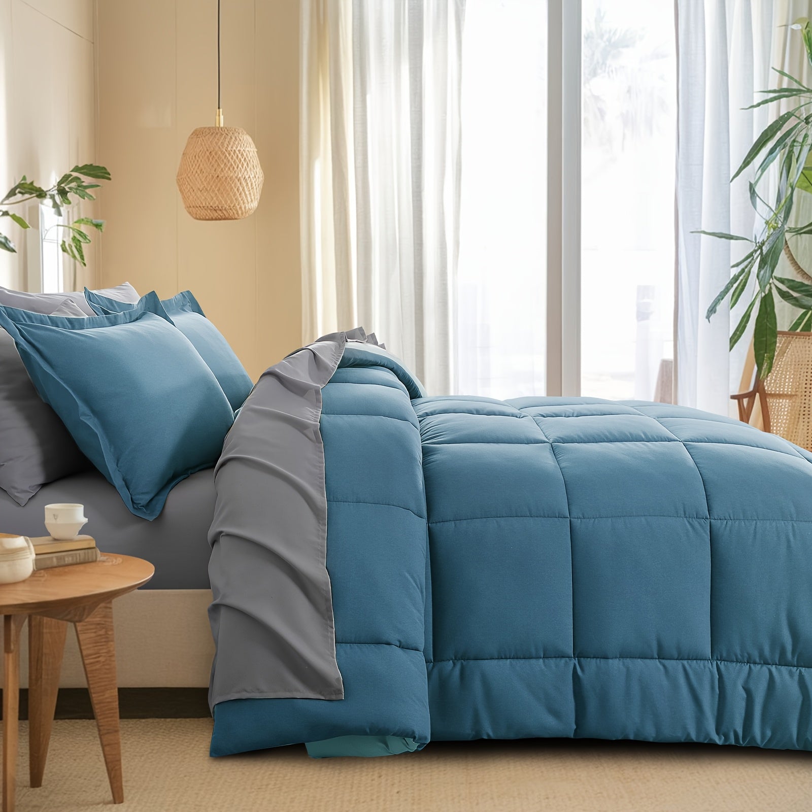 7pcs Reversible Bedding Set Soft Microfiber – Lightweight Breathable Comforter Flat Sheet Fitted Sheet & Pillowcases, All-Season Family Bedding Gift Set