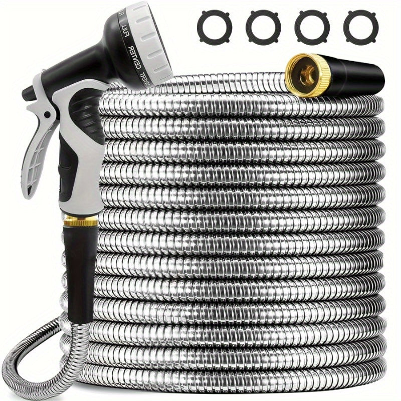 100Ft Heavy Duty Stainless Steel Garden Water Pipe with 10 Function Nozzle, 3/4" Connector, Flexible Leak-Proof Design for Yard, Lawn, Car Wash, Pet Cleaning - Durable Outdoor Water Pipe, Reinforced Construction, Specialized Gardening