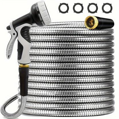100Ft Heavy Duty Stainless Steel Garden Hose with 10-Function Nozzle & 3/4" Connector - Flexible Leak-Proof Water Pipe for Yard, Lawn, Car Wash & Pet Cleaning, Reinforced Outdoor Garden Hose