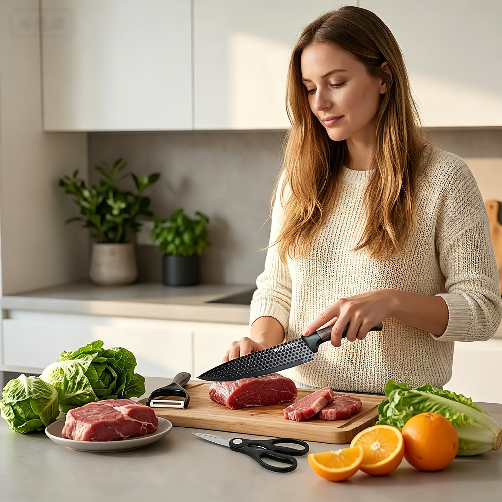 Ultra-sharp And Durable 6pcs Kitchen Knife Set, Carbon Steel Blades with Non-slip Handles, Ideal for Home Kitchen Cooking, Suitable for Outdoor Camping, Barbecues And Various Occasions, Packaged In An Elegant Gift Box.
