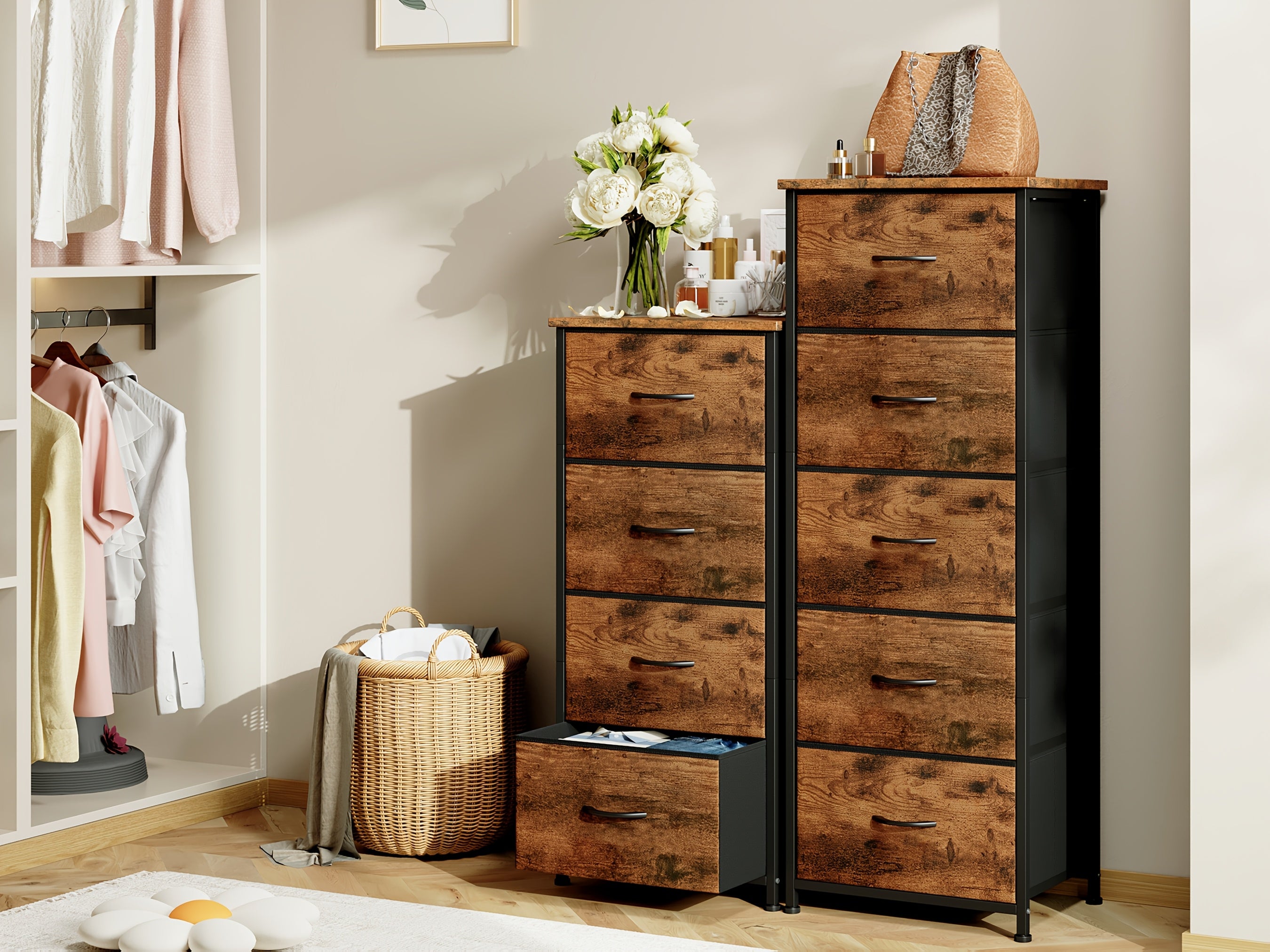 EUNOS Tall Dresser for Bedroom with 5 Drawers, Storage Chest Of Drawers with Removable Fabric Bins for Closet Bedside Laundry Living Room Entryway Hallway