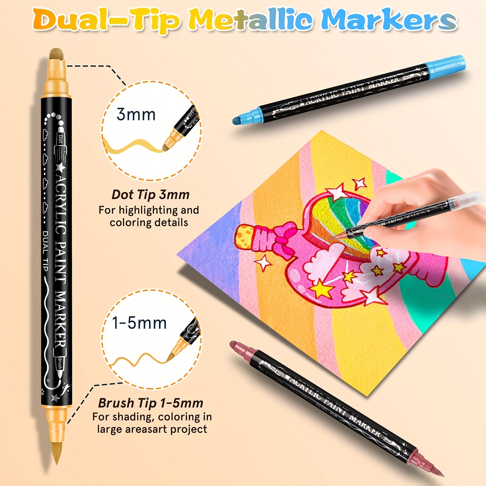 Metallic Acrylic Paint Markers 24 Colors Dual Tip – Brush & Dot Tip Waterproof Paint Pens for Rock Painting, Ceramic, Wood, Canvas, Glass, Stone, Calligraphy & Card Making Crafts