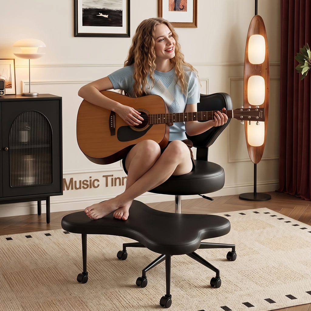 Cross Legged Chair - Meditation Chair with Wheels, ADHD Chair, Height Adjustable Seat, Adjustable Stool, Ergonomic Back Support, Flexible Design, Velvet White And PU Leather Black, Perfect Christmas Gift for Fidgety Sitters And Yoga Lover