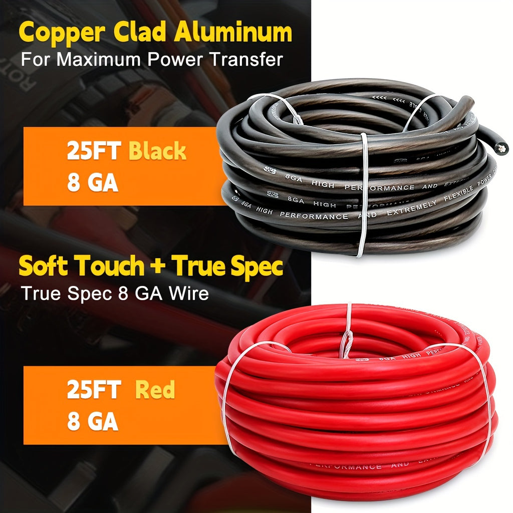 50 Feet of 8 Gauge CCA Wire, Consisting of 25 Feet in Black And 25 Feet in Red, Suitable for Automotive Applications, Car Audio Battery Connections, Power And Ground Wiring, Marine Use, Welding