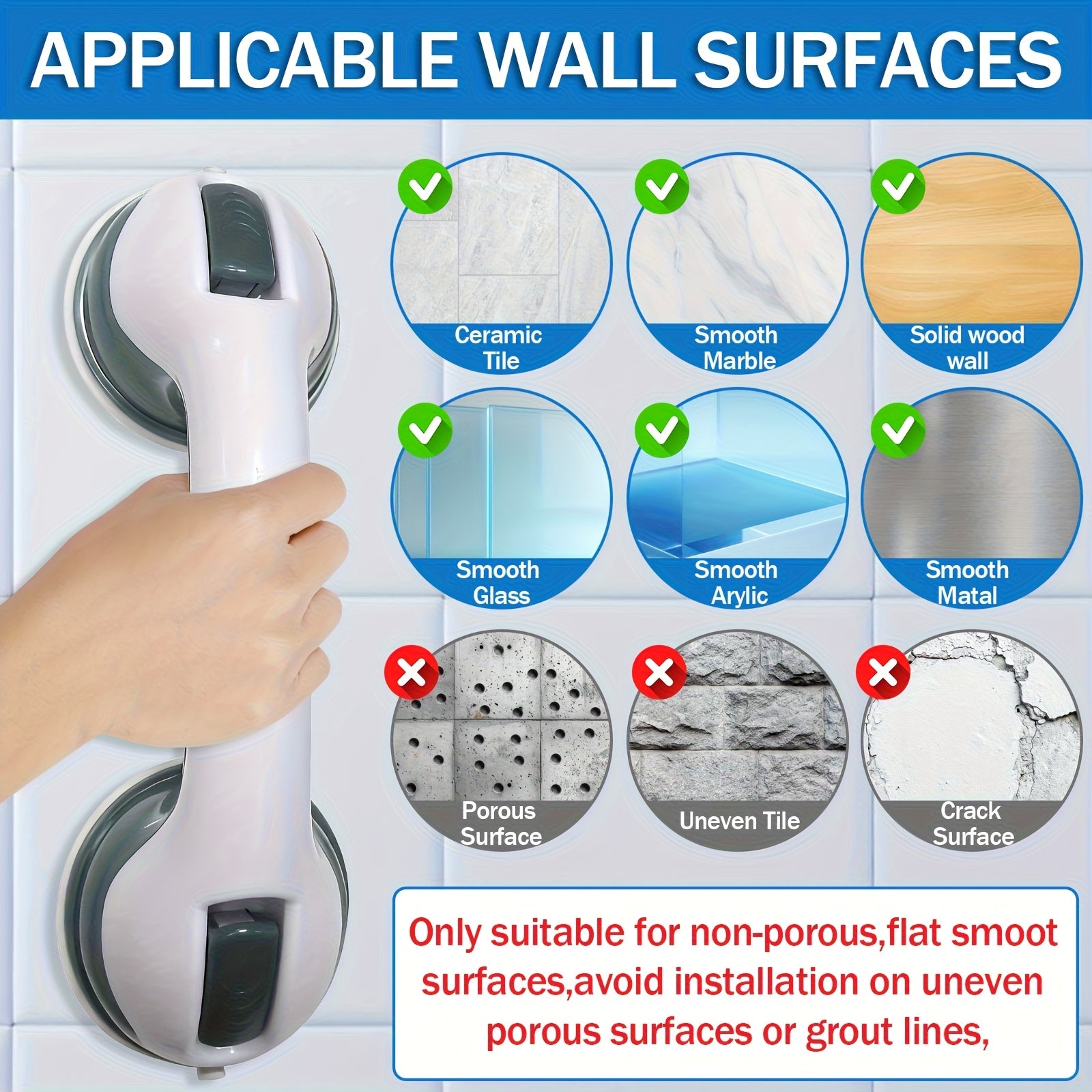 2pcs Bathroom Safety Grab Bar Set, Non-Slip Handle, Durable Plastic Construction, Sturdy And Stable, Strong Suction Cup Design, Bathroom Accessory, Ideal for Seniors, Individuals with Disabilities, Glass, Tile, And Marble Surfaces