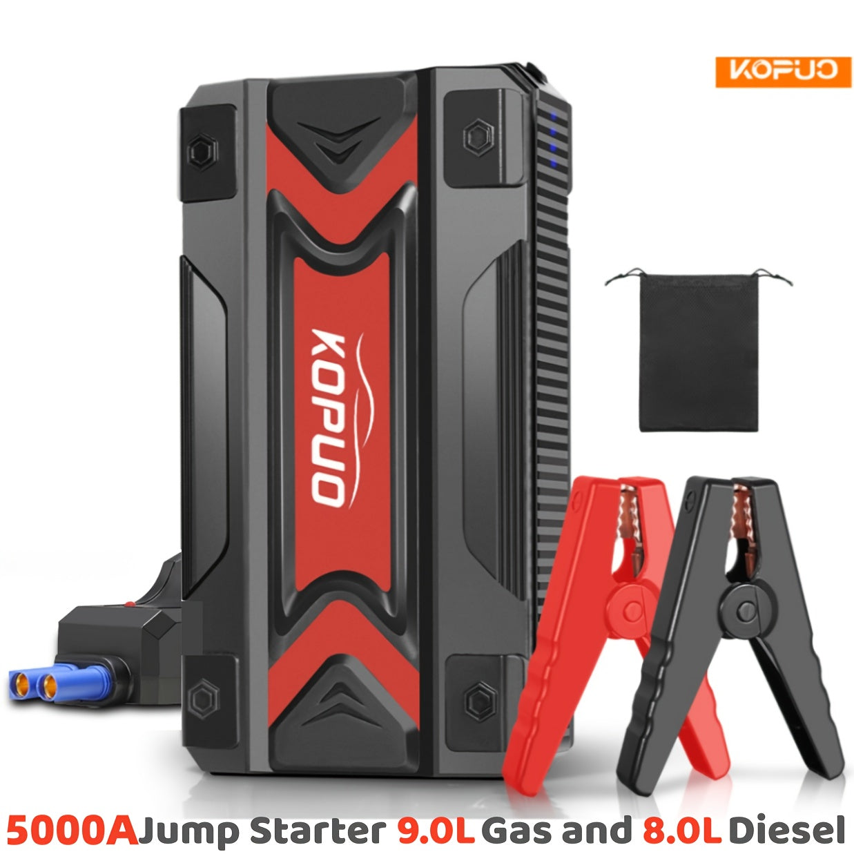 Compact Car Jump Starter 5000A/6000A with Safety Jumper Cables, Fast Charge, USB Power Bank & LED Flashlight – 12V Camping & Emergency Booster
