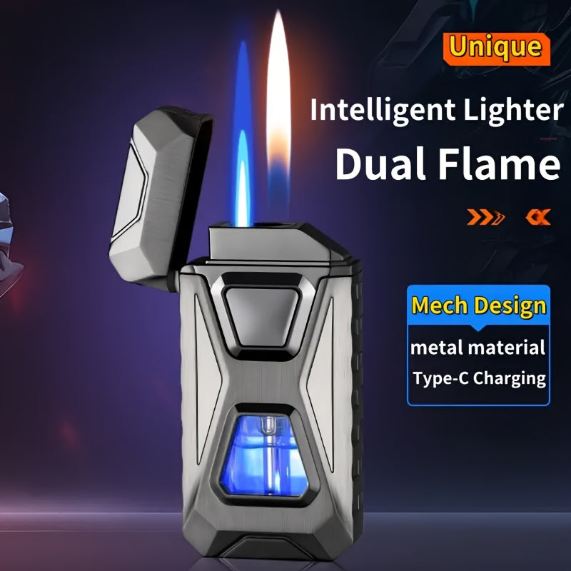 Voice-Controlled USB Rechargeable Butane Lighter with Dual Flame Modes & Knocking Ignition – Windproof, Adjustable Airflow, Gift Box Included, for BBQ, Baking, Kitchen & Outdoor Use (No Butane)