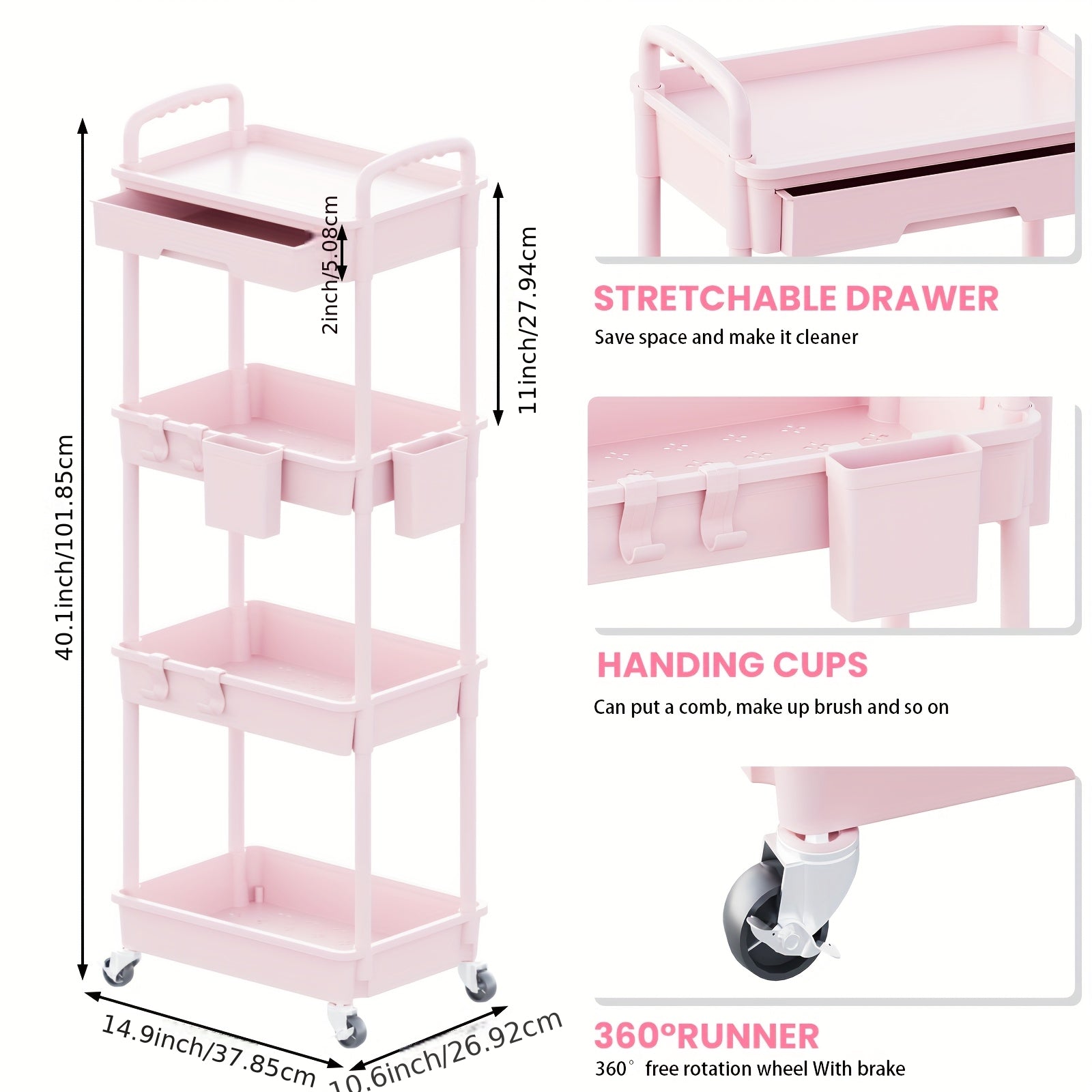 Rolling Storage Cart with Drawers & Hooks – 3 or 4 Tier, Wheels, Kitchen & Bathroom