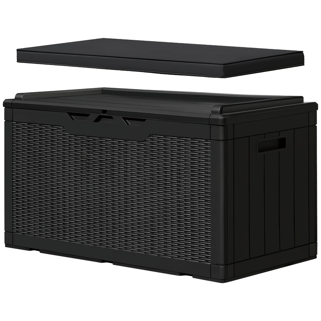 GUNJI 100 Gallon Deck Box with Cushion, Outdoor Resin Large Storage Box Lockable Waterproof & UV Resistant Outdoor Storage Bench for Patio Furniture, Garden Tools, Pool Supplies, Box,Cabinet,Rack for Outdoor Storage