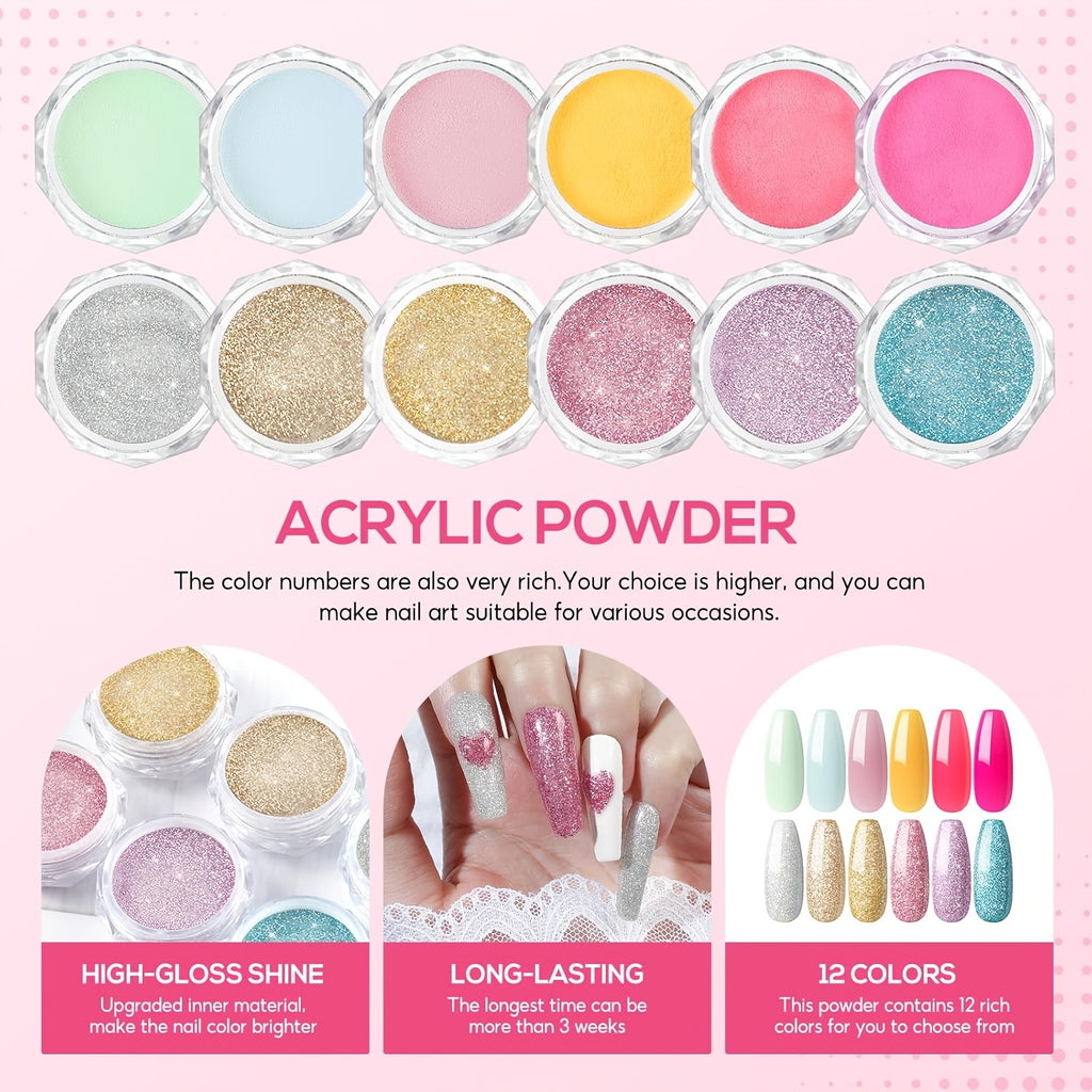 Complete Acrylic Nail Kit for Beginners – Nail Drill, UV Lamp, Acrylic Powder & Liquid System, Glitter Rhinestone Decorations, Multi-Color DIY Manicure Set for Salon-Quality Nails at Home