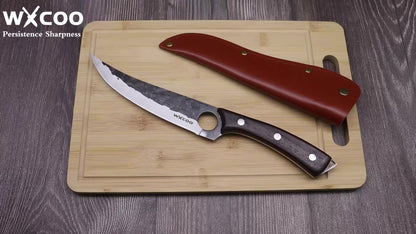 Forged Boning Knife 7.5" with Sheath – Handmade Japanese 5CR15 Steel Full Tang Chef Knife for BBQ Meat Fish & Vegetables | Hammered Finish Wood Handle | Kitchen Camping Outdoor | ShopVora CA