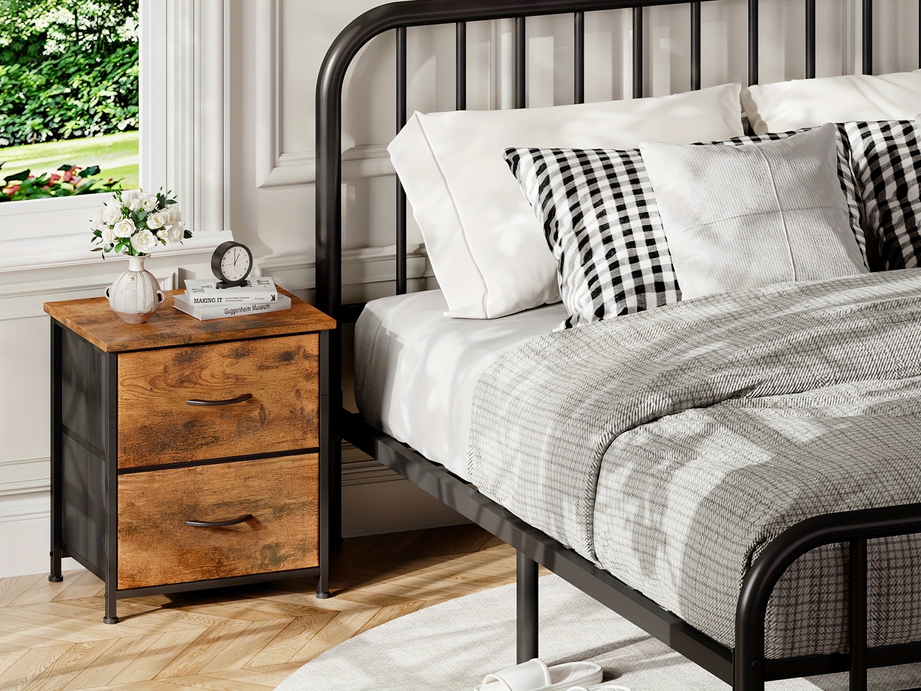 [Small Dresser with Pull Handle] EUNOS Nightstand with 2 Drawers | Sturdy Steel Frame, Wood Top, Removable Fabric Bins | Bedside Table for Bedroom Closet Living Room