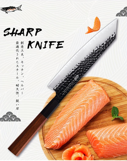 9-Inch Kiritsuke Chef Knife Japanese Hand-Forged, 9Cr18MoV Triple-Layered Steel Professional Kitchen Knife, Ergonomic Solid Wood Handle, Cuts Meat Vegetables Sushi Seafood, Comes with Gift Box