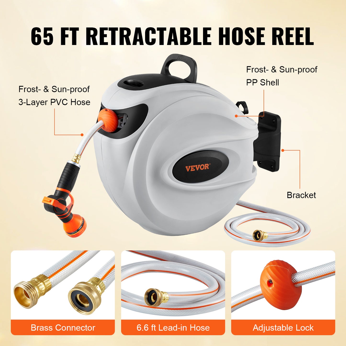 Retractable Hose Reel Wall Mounted 180° Swivel - Auto Rewind Garden Water Hose Reel 65 to 130 Ft with 9-Pattern Nozzle, Locking System & All-Weather Shell for Lawn, Car Wash & Pet Cleaning