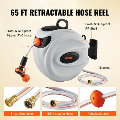 Retractable Hose Reel Wall Mounted 180° Swivel - Auto Rewind Garden Water Hose Reel 65 to 130 Ft with 9-Pattern Nozzle, Locking System & All-Weather Shell for Lawn, Car Wash & Pet Cleaning