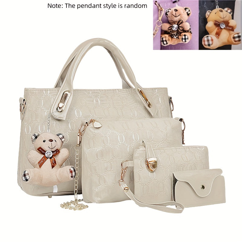 Embossed Women's 4-Piece Bag Set – Large Capacity Tote, Shoulder Crossbody Handbag with Bear Pendant | Retro Casual Style for Daily Commuting, Travel & Birthday Gifts | 9 Colours