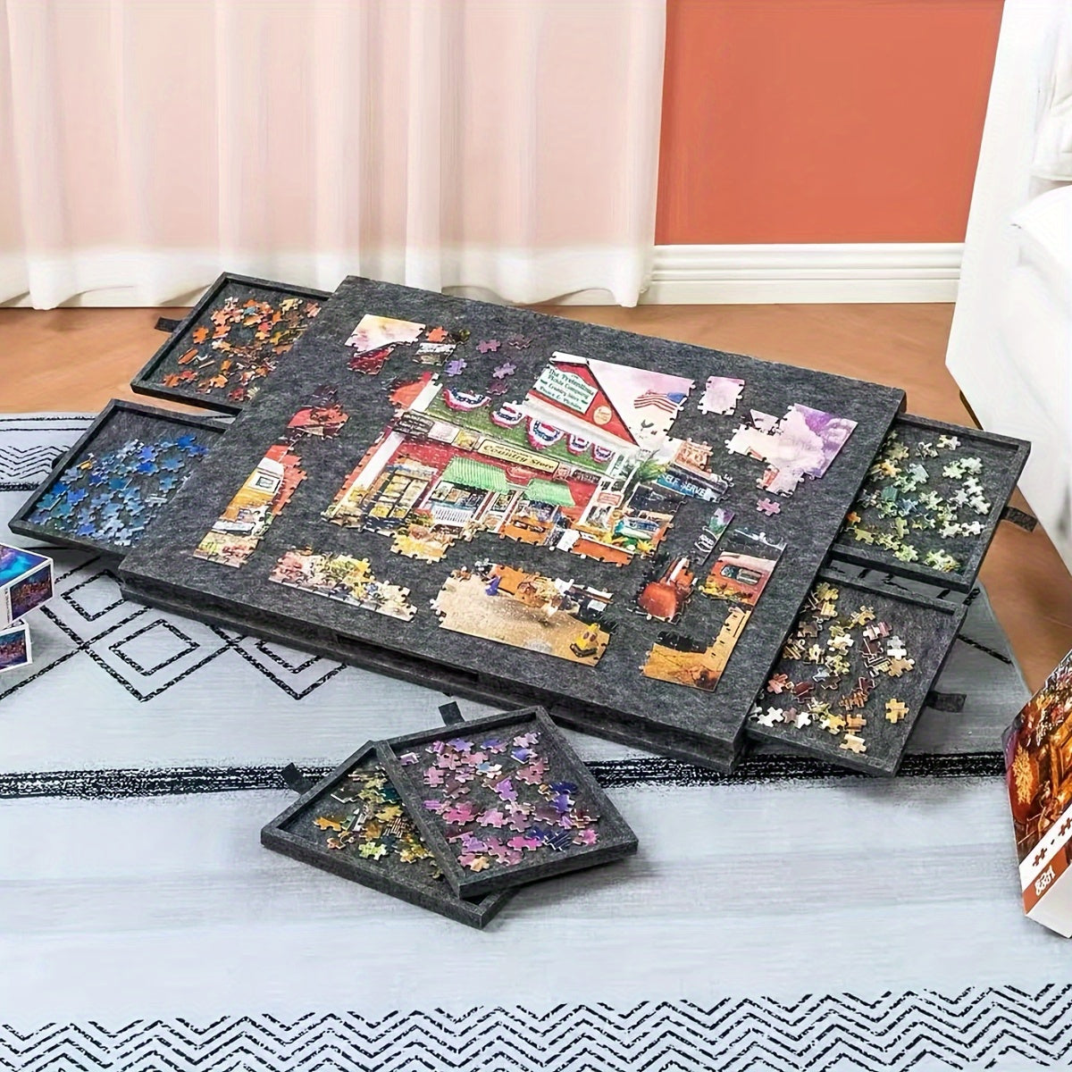 Gray Puzzle Board with 6 Sliding Drawer Organizers for 1000-1500 Pieces - Portable 23.6"x31.5" Anti-Slip Puzzle Table with 2 Puzzle Boxes, Family Game Gift