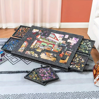 Gray Puzzle Board with 6 Sliding Drawer Organizers for 1000-1500 Pieces - Portable 23.6"x31.5" Anti-Slip Puzzle Table with 2 Puzzle Boxes, Family Game Gift