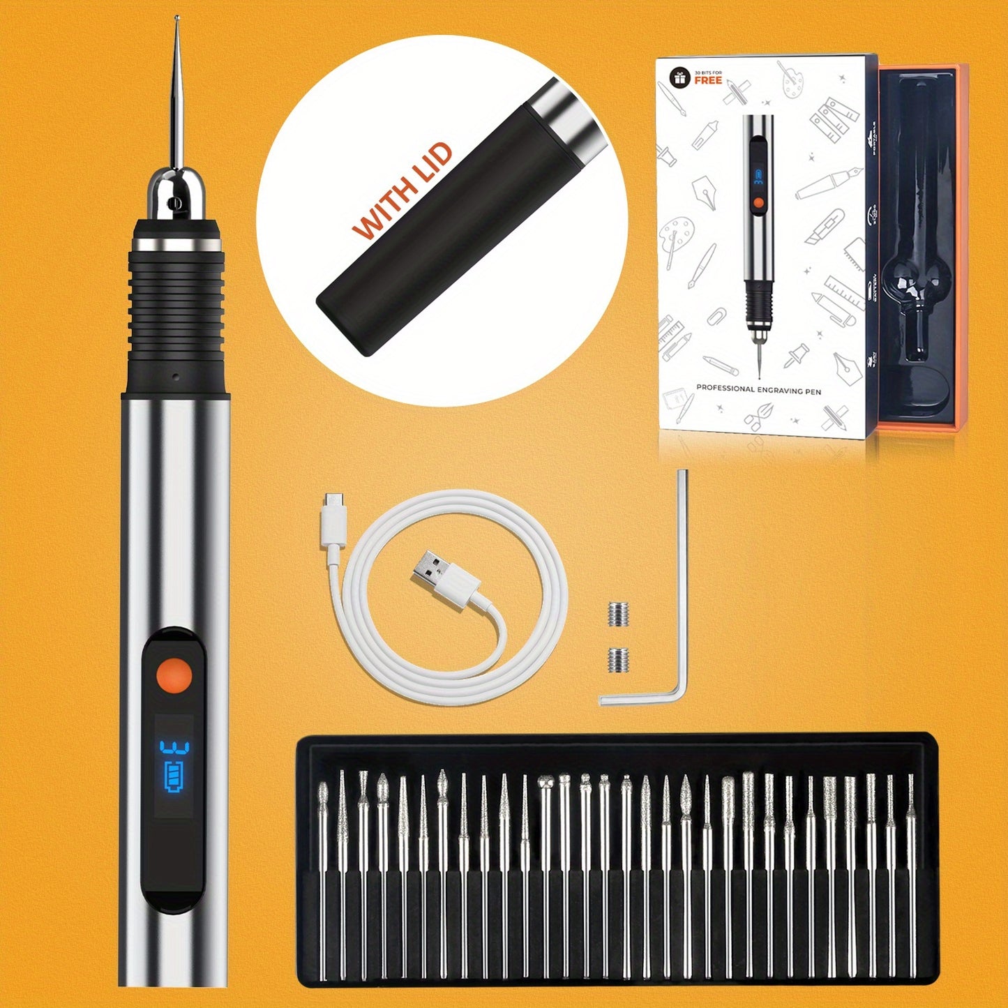 Cordless Engraving Pen Beginner Kit with 30 Bits - Portable Mini Rotary Engraver for Metal, Wood, Glass, Plastic & Ceramic, 3-Speed Adjustable, Thoughtful Birthday & Mother's Day Gift