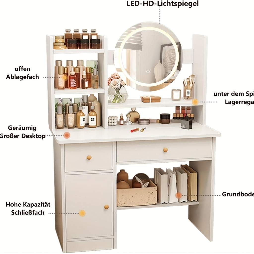Makeup Vanity Desk with Mirror and Lights Touch Screen Lighted 3 Lighting Modes Brightness Adjustable Vanity Desk Makeup Vanity with Drawers and Storage Shelves Bedroom Vanity Dressing Table