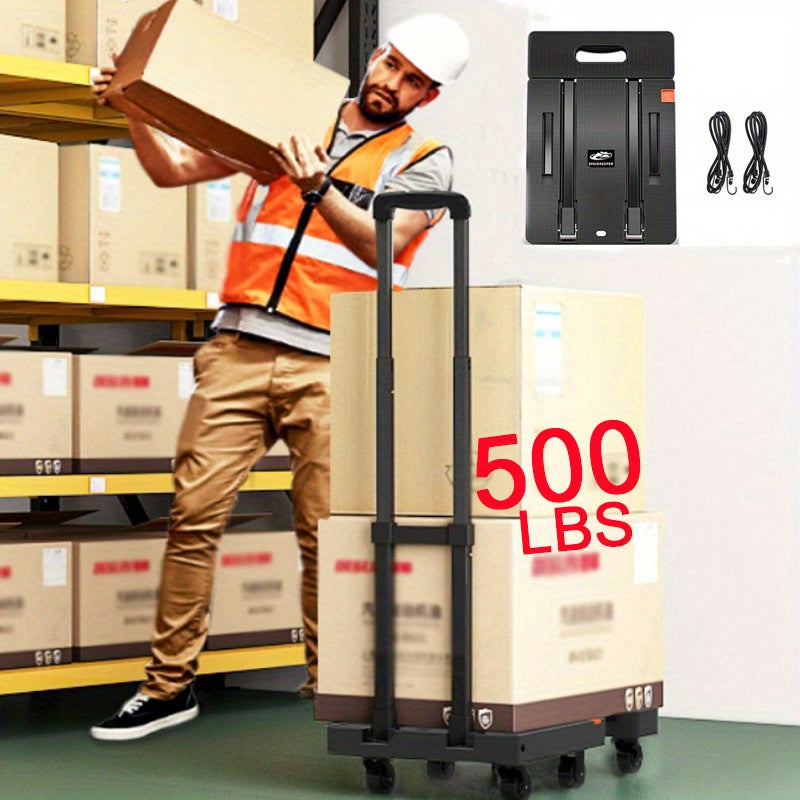 SPACEKEEPER Folding Hand Truck, 500 Lbs Heavy Duty Foldable Luggage Cart, 6 Wheels Utility Dolly Platform Cart with 2 Elastic Ropes, Portable Collapsible Dolly Cart with Extendable Base, Black Folding Cart, Travel, Moving, Shopping, Industry, Office