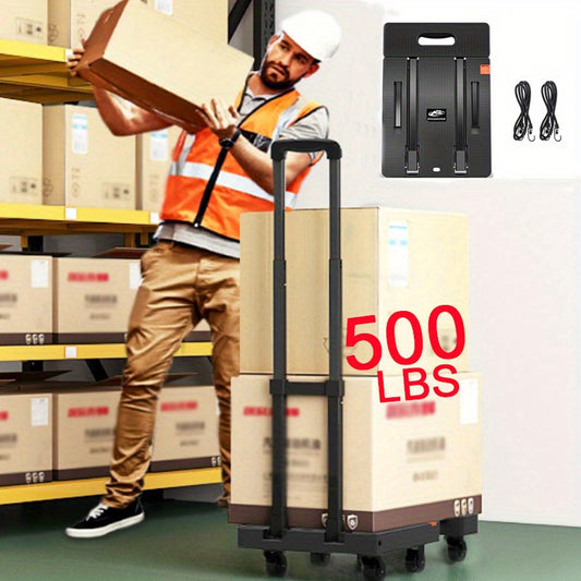SPACEKEEPER Folding Hand Truck, 500 Lbs Heavy Duty Foldable Luggage Cart, 6 Wheels Utility Dolly Platform Cart with 2 Elastic Ropes, Portable Collapsible Dolly Cart with Extendable Base, Black Folding Cart, Travel, Moving, Shopping, Industry, Office