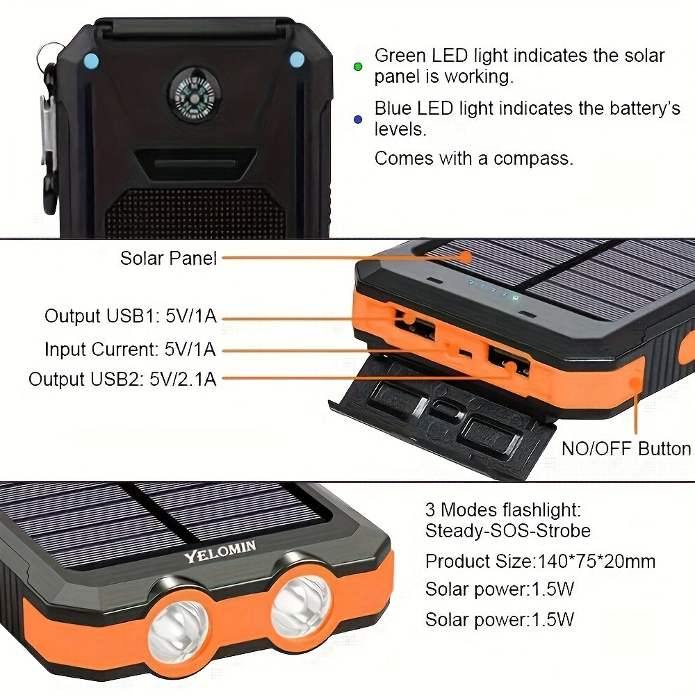 Solar Charger, 10000mAh Solar Power Bank, External Backup Battery Pack With USB C Input/output/LED Flashlight, Compatible With Samsung, IPad, Suitable For Outdoor And Camping Quick Charger With Dual USB Ports, Built-in LED And Compass