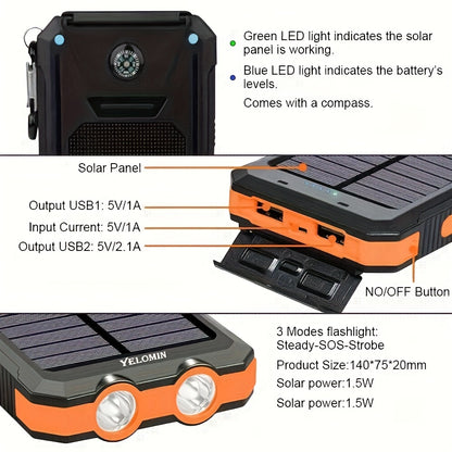 Solar Power Bank 10000mAh with LED Flashlight & Compass Dual USB + USB-C Outdoor Camping Emergency Backup Battery Compatible with iPhone Samsung iPad - Canada