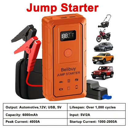 High-Power Portable Car Starter with 6000mAh Rechargeable Battery & USB Charging – Upgraded Emergency Booster for Vehicles Under 36V