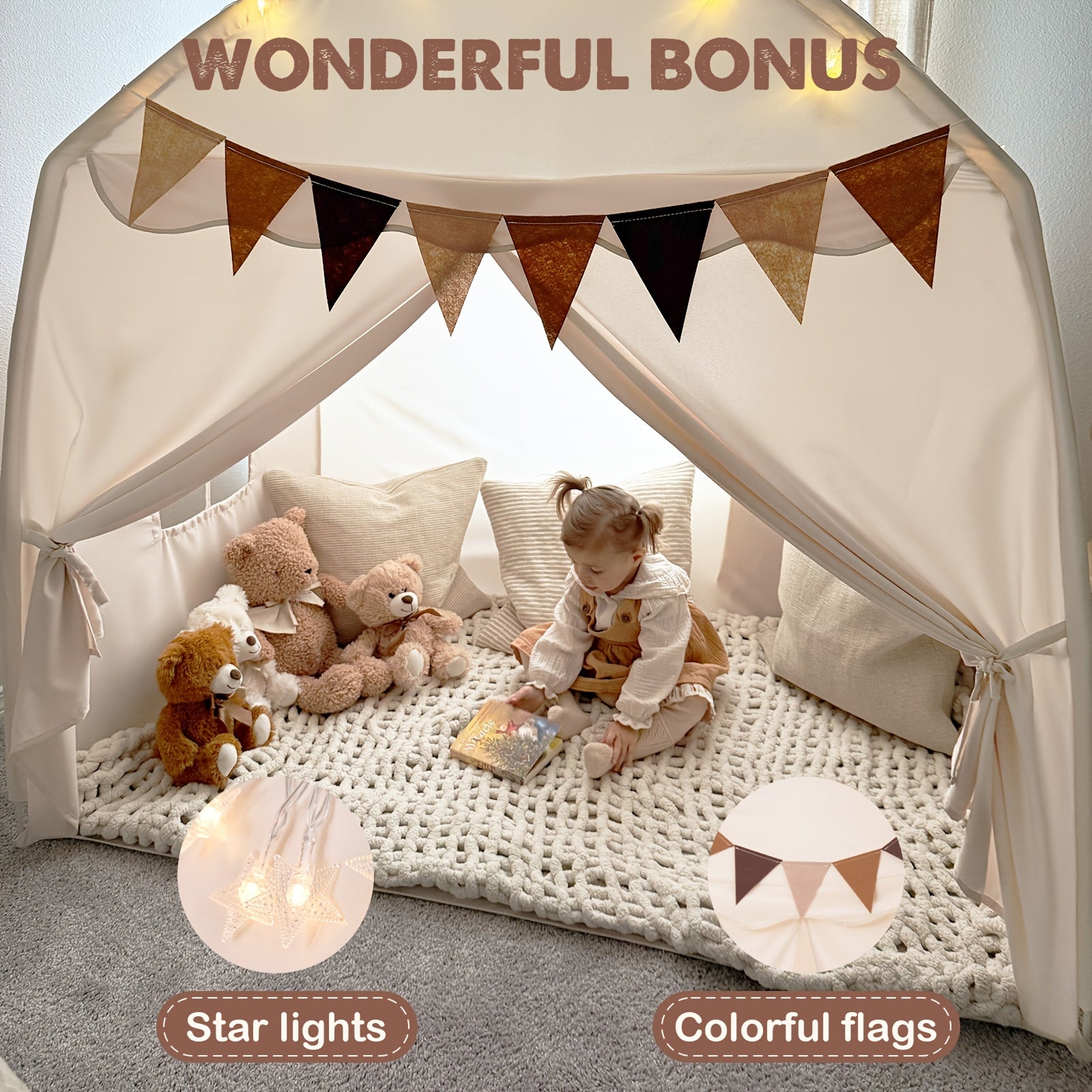 Large Kids Tent With Mat, Star Lights, Tissue Garland, Play Tent Indoor & Outdoor, Kids Play Tent For Girl & Boy, Kids Tent For Toddler, 52" X35" X 52" Play House With Windows, Washable, Kids Tent, Kids Play Tent, Doll House, Doll Houses For Girls