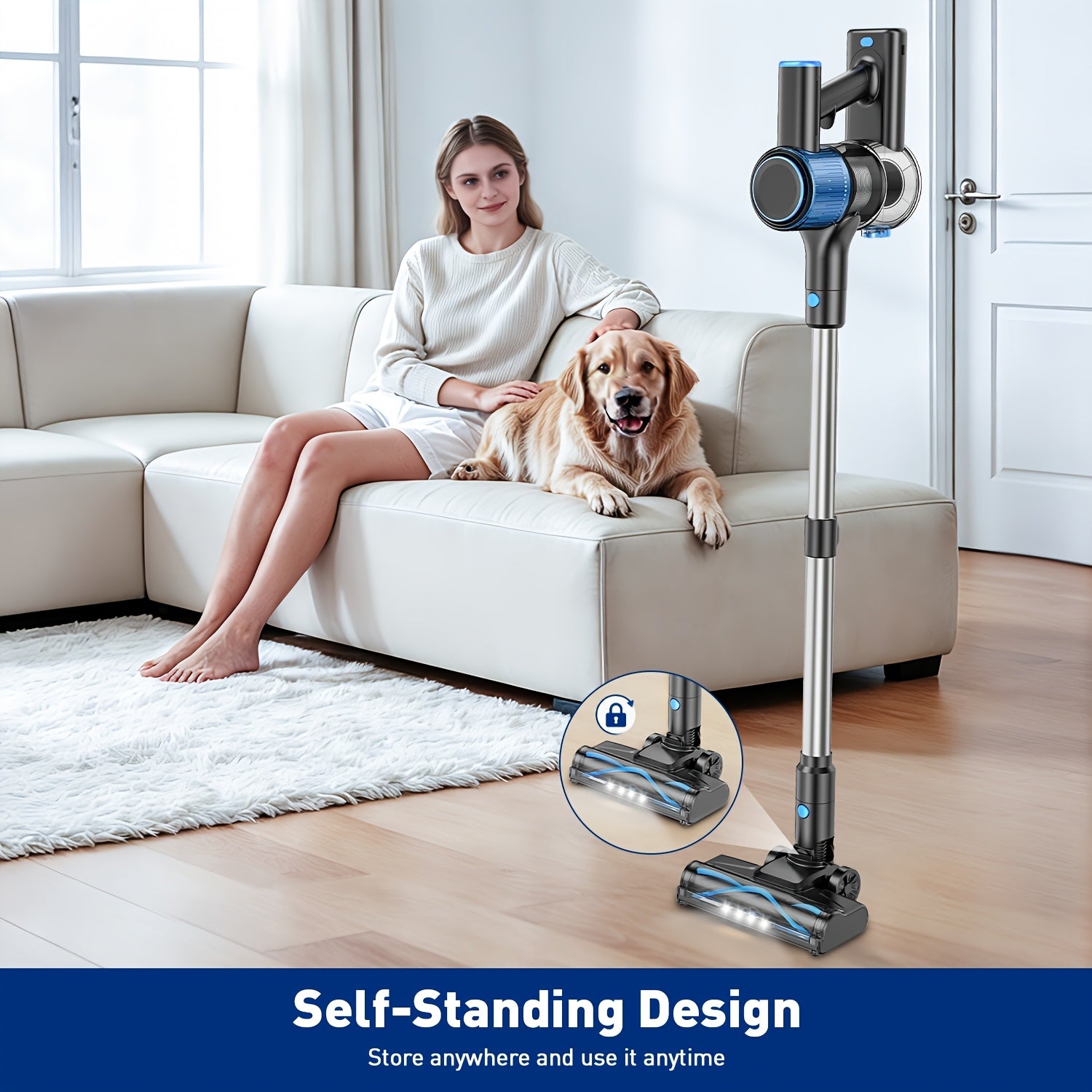 Cordless Vacuum Cleaner, 8-in-1 Lightweight Stick Vacuum with Powerful Suction, 3 Suction Modes, LED Display, Anti-Tangle Vacuum Cleaner for Home, Hard Floor, Carpet, Pet Hair, Blue