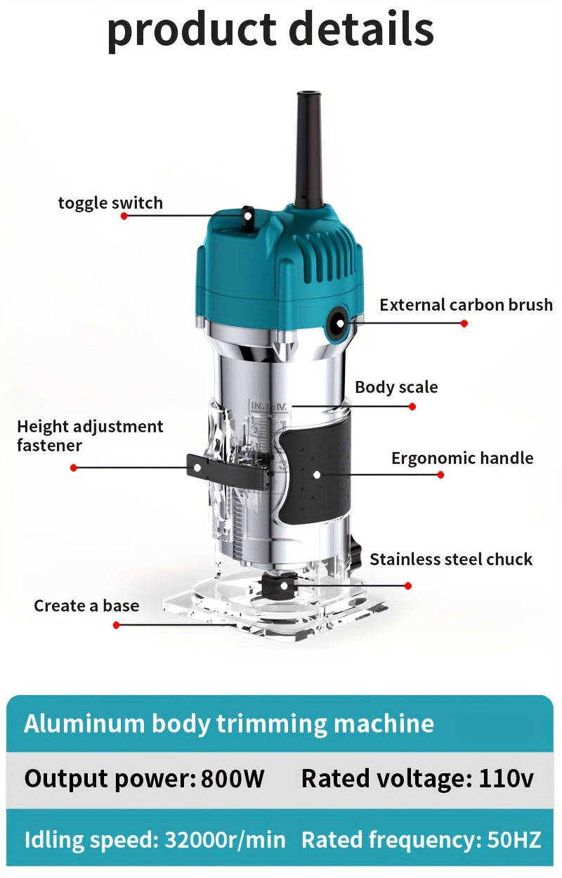Woodworking Edge Trimming Machine Kit - Compact 800W Wood Carving Machine - 35, 000 RPM with Edge Guide And Roller Guide for Precision Trimming And Carving