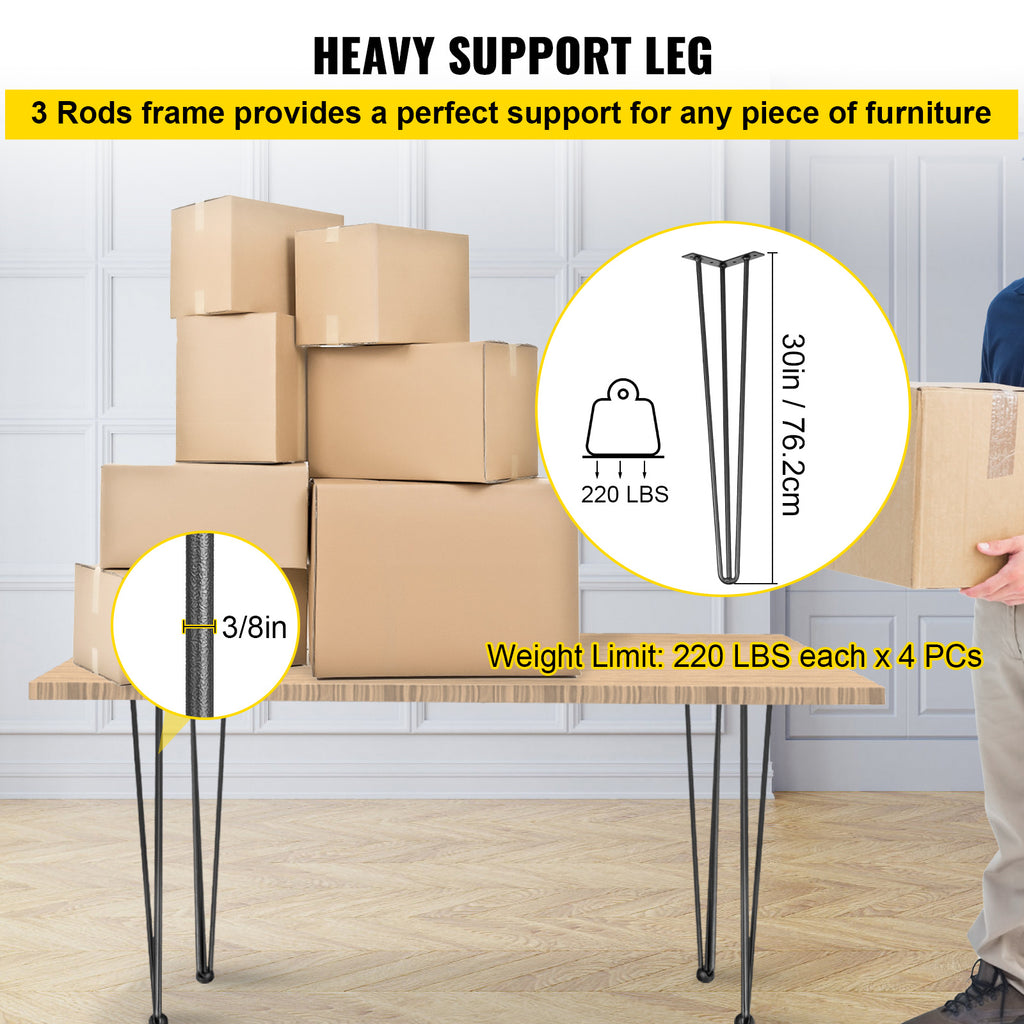 VEVOR Table Legs 16-40 inch Black Set of 4 Desk Legs Each 220lbs Capacity Hairpin Desk Legs 3 Rods for Bench Desk Dining End Table Chairs Carbon Steel DIY Table Legs Heavy Duty Furniture Legs