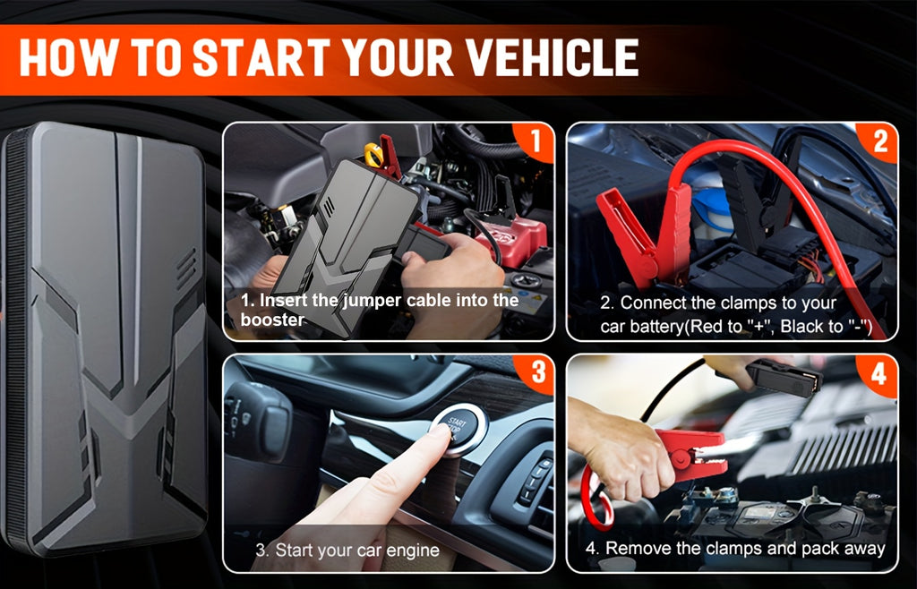 Compact 30000mAh Portable Car Jump Starter & Power Bank - Emergency 12V Auto Booster for SUVs, Cars up to 1.59gal Gas & 101.44oz Diesel Engines with Smart Clip, Spark-Proof, USB Charging, LED Flashlight, and Multi-Device Compatibility No Wireless