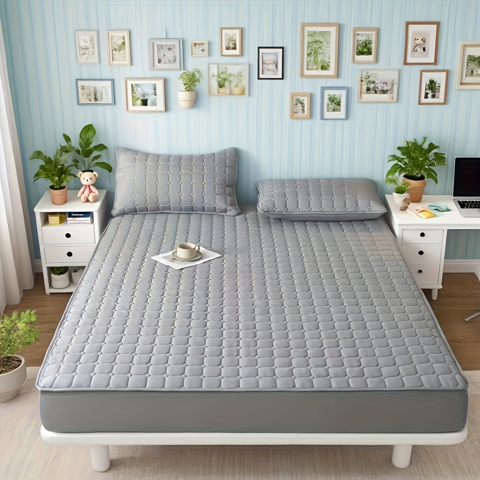 Quilted Fitted Sheet Solid Colour – Soft Breathable Wrinkle-Resistant All-Season Bed Sheet, Minimalist Modern Design, Machine Washable, Ideal for Bedroom, Apartment, Dorm & Hotel
